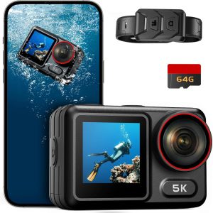 5K30FPS Waterproof Action Camera with 64GB Card, IPX7 & 34FT Underwater Cameras, EIS 2.0 Stabilization, 2.4" Touch Screen, 2x1350mAh Batteries for Diving, Cycling, Outdoor Sports (Black)