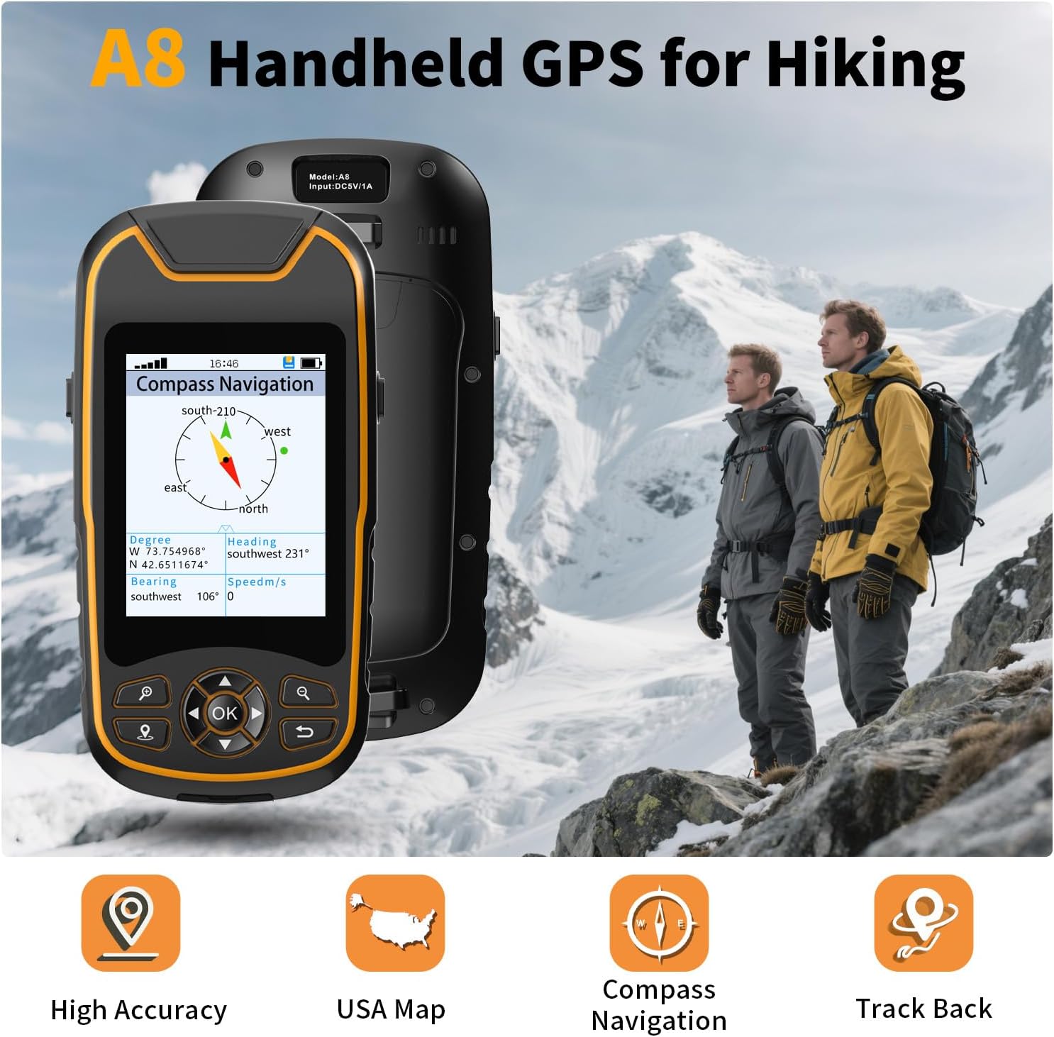 A8 Handheld GPS for Hiking, Rugged and Waterproof Handheld GPS Navigator, 3.2" Sunlight Readable Screen, Compact Satellite Handheld GPS with USA Base Map, Multi-GNSS Support, Extra Battery Life - Image 2