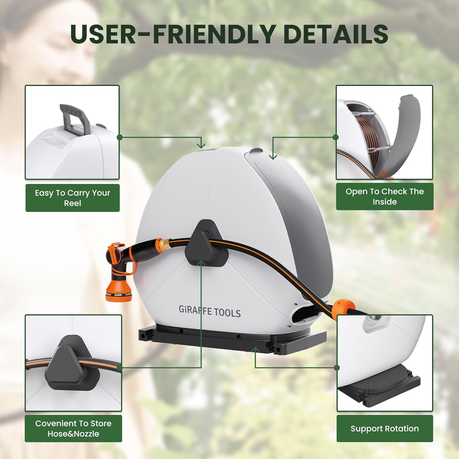 Giraffe Tools Ground Mounted Retractable Hose Reel 5/8 Inch x 92FT, Heavy Duty Automatic Rewind Garden Hose Reel, with Flexible Swivel Base for Lawn, Concrete Floor - Image 6