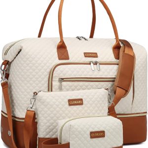Weekender Bags for Women, Travel Duffle Bag Carry On Overnight Bag with Cosmetics Bag and Crossbody Purse for Gym Hospital, Gifts for Women, Beige Brown